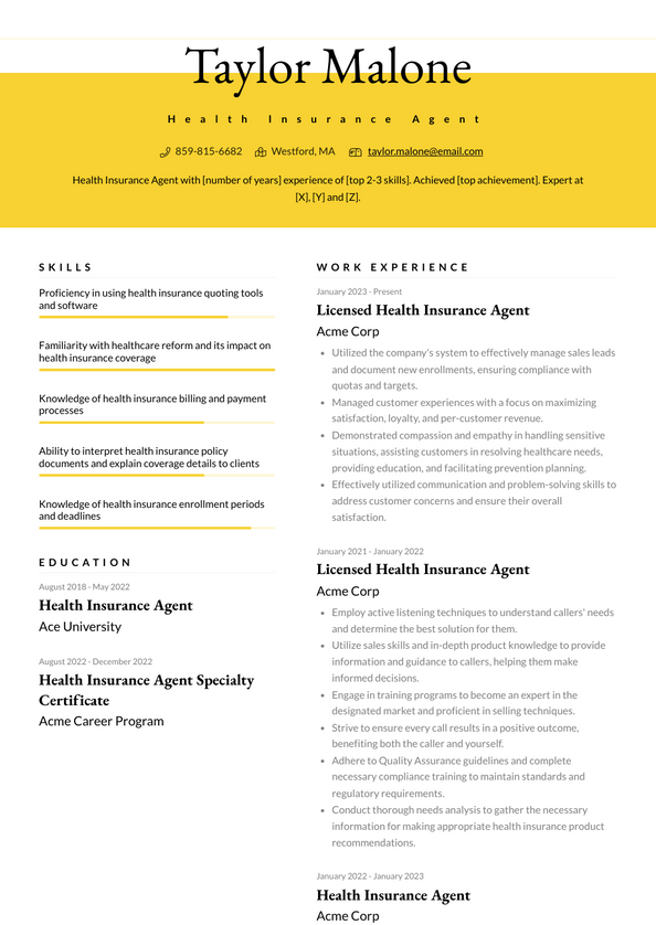 Health Insurance Agent Resume Examples And Templates