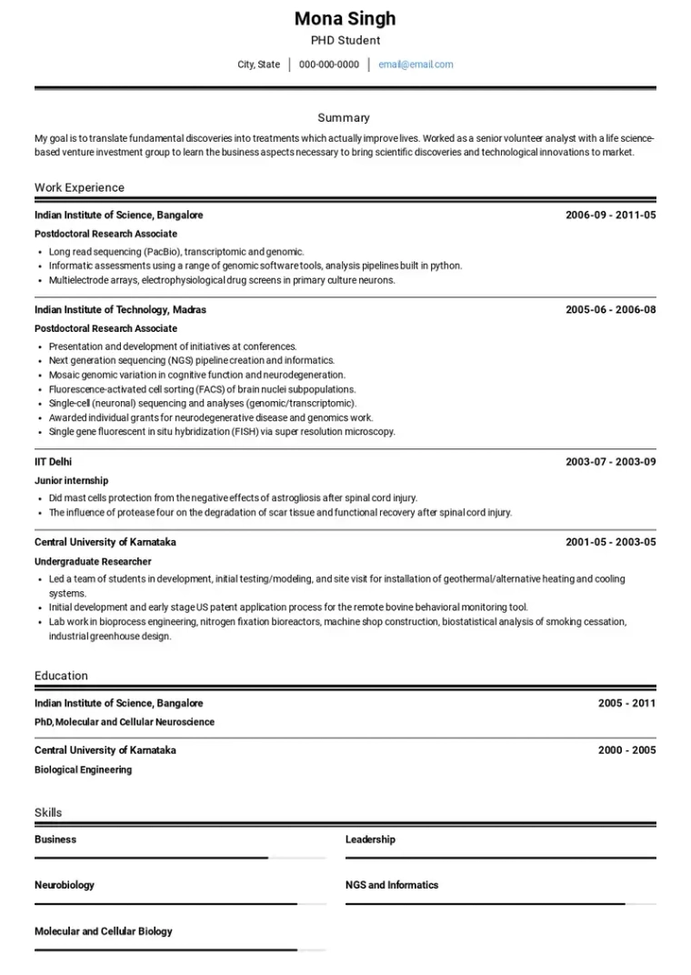 phd student resume format example