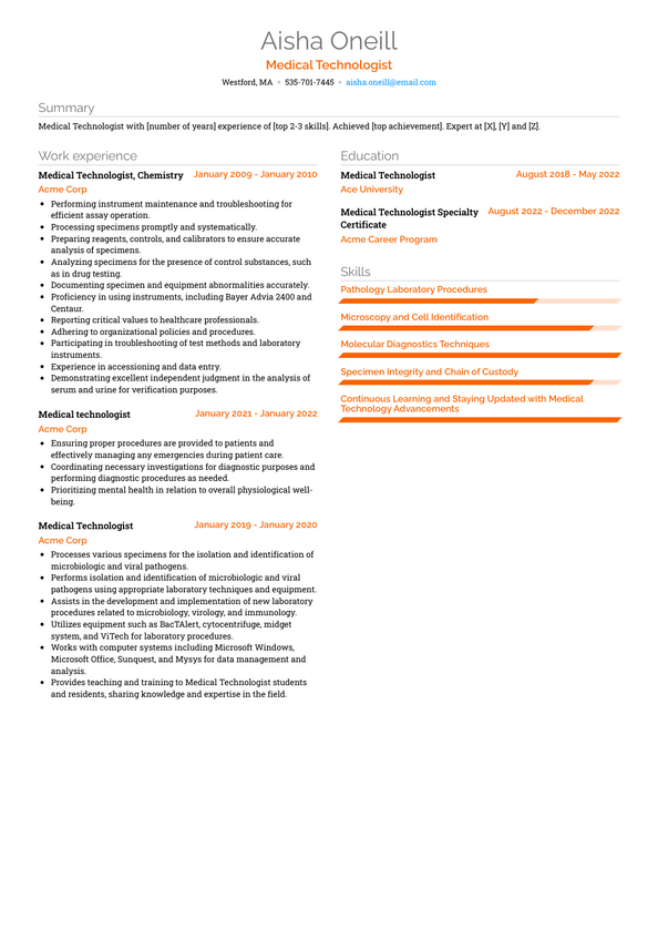 Medical Technologist Resume Examples And Templates