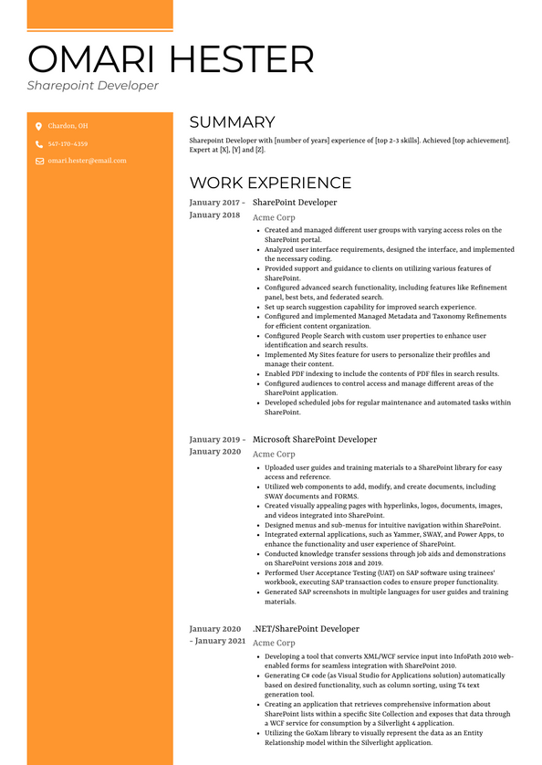 Sharepoint Developer Resume Examples And Templates