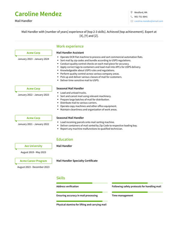 Mail Handler Resume Examples And Templates