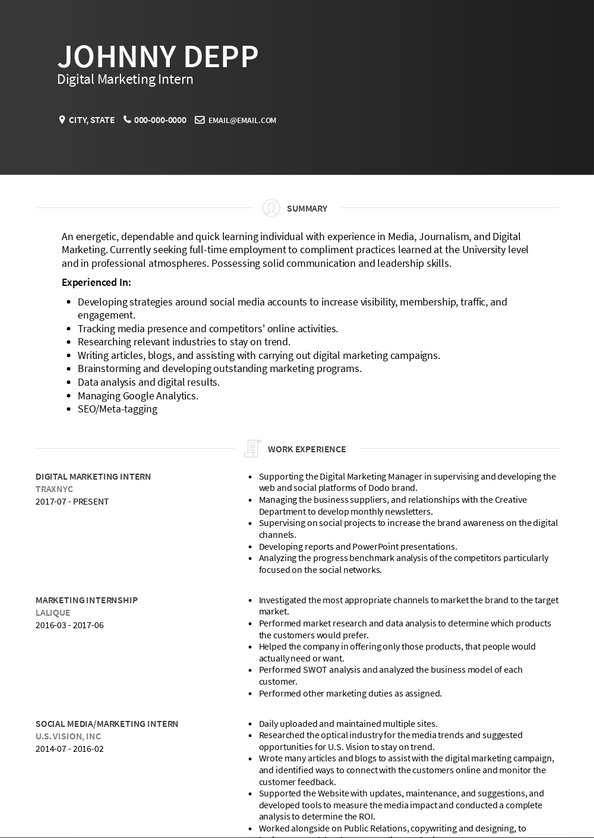 Digital Marketing Intern Resume Samples And Templates VisualCV