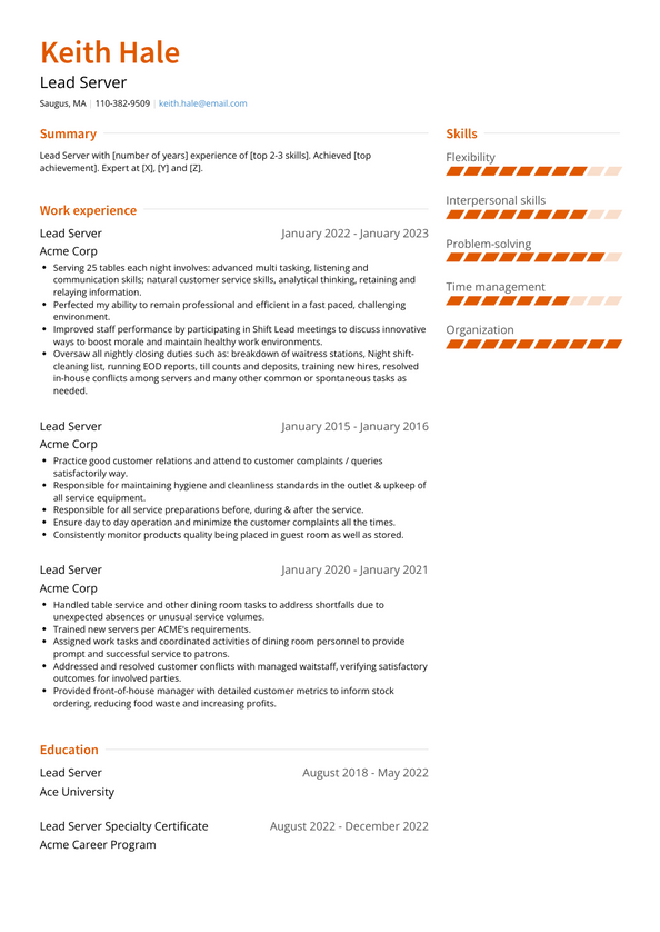 Lead Server Resume Examples and Templates