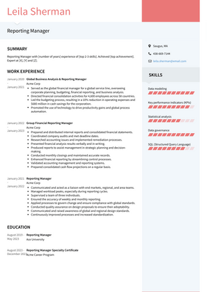 Reporting Manager Resume Sample and Template
