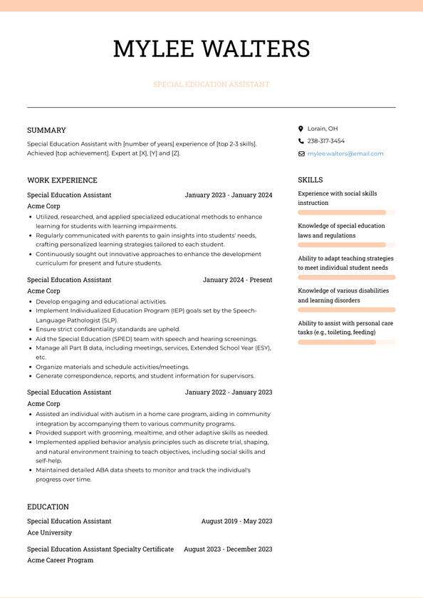 Special Education Assistant Resume Examples and Templates