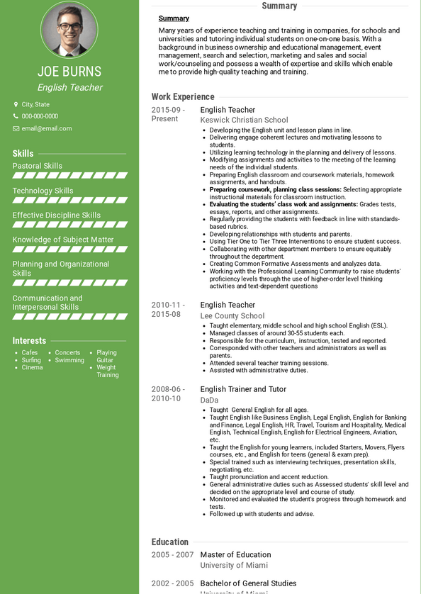 sample resume for esl teacher position