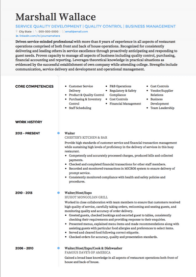 summary for resume waitress