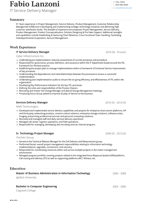 sample resume for service delivery manager