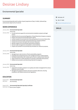 Environmental Specialist Resume Sample and Template