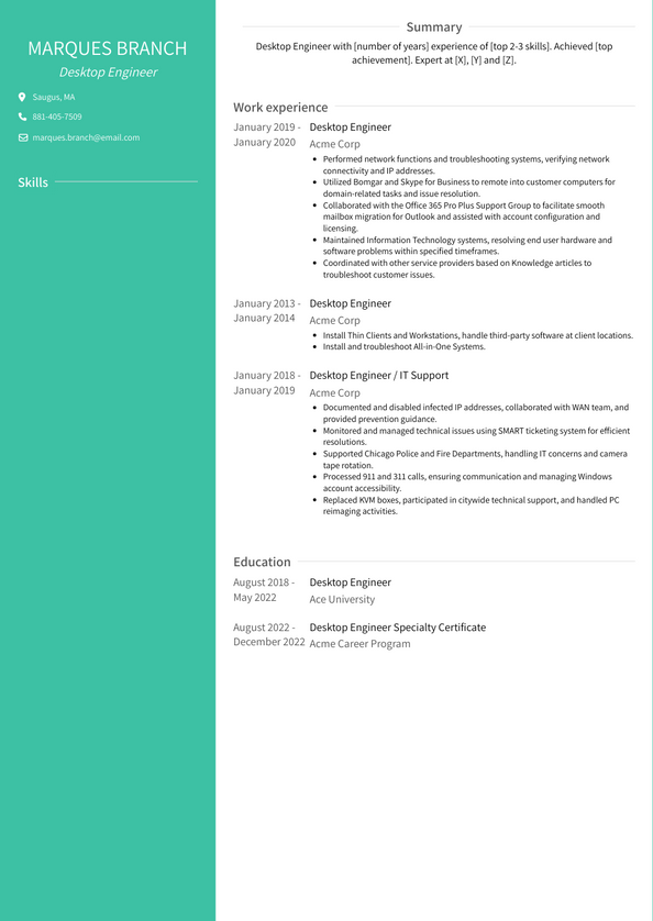 desktop engineer resume sample