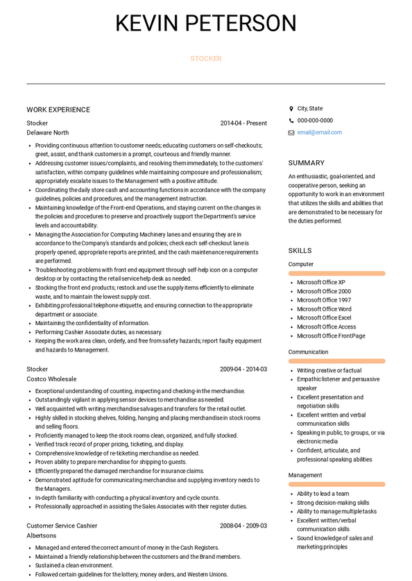 Stocker Resume Samples and Templates | VisualCV