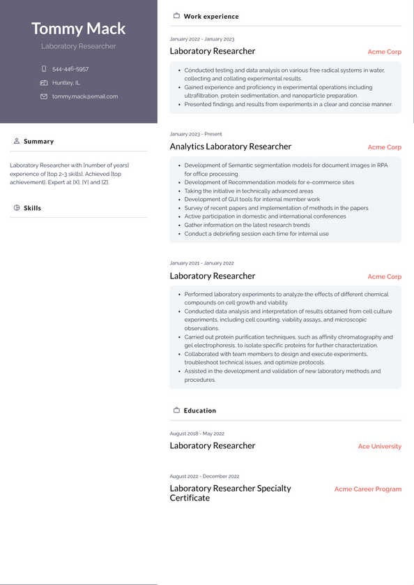 Laboratory Researcher Resume Examples and Templates