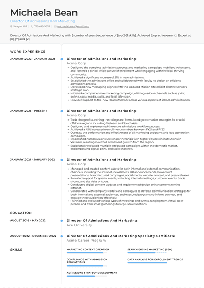 Director Of Admissions And Marketing Resume Examples and Templates