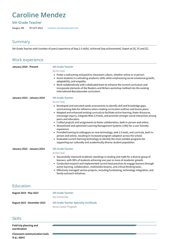 5th Grade Teacher Resume Examples And Templates