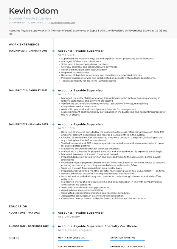 Accounts Payable Supervisor Resume Examples And Templates