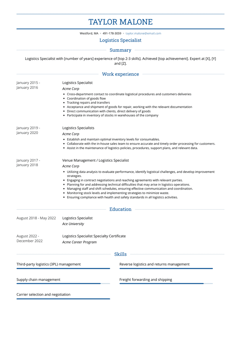 Logistics Specialist Resume Sample and Template