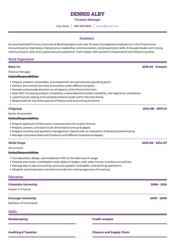 Finance Manager CV Examples & Templates | VisualCV