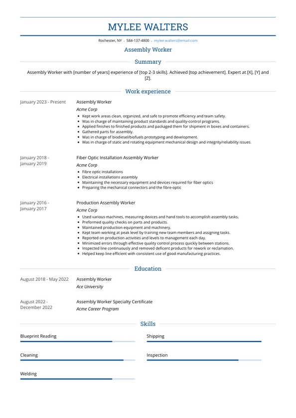 resume summary examples for assembly worker