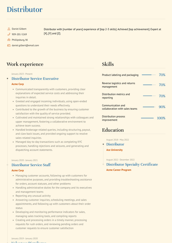 Distributor Resume Examples and Templates