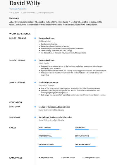 Various Positions Resume Samples and Templates | VisualCV