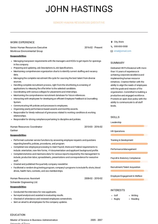 resume for a human resources manager
