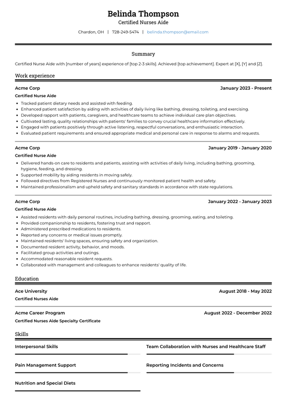 Certified Nurses Aide Resume Examples and Templates