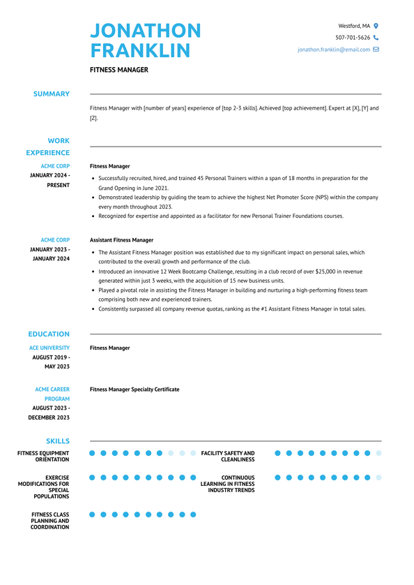 Fitness Manager Resume Examples And Templates 