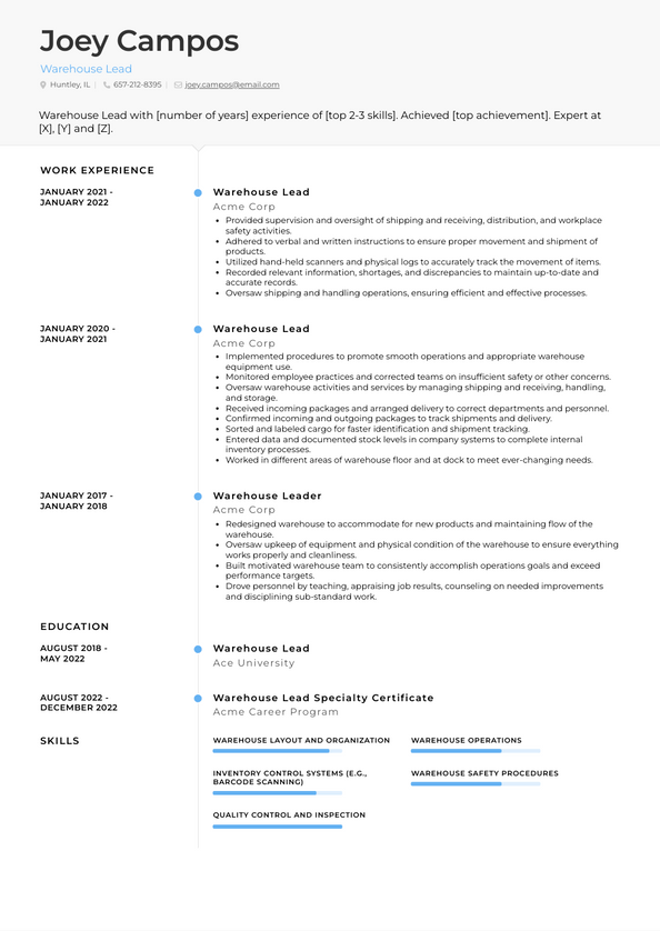 Warehouse Lead Resume Examples and Templates