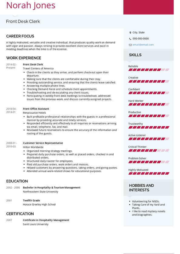 Front Desk Clerk Resume Samples and Templates | VisualCV