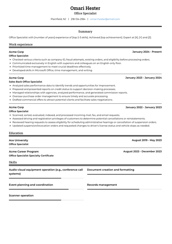 Office Specialist Resume Examples and Templates