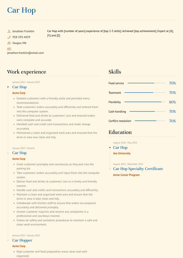 Car Hop Resume Examples and Templates