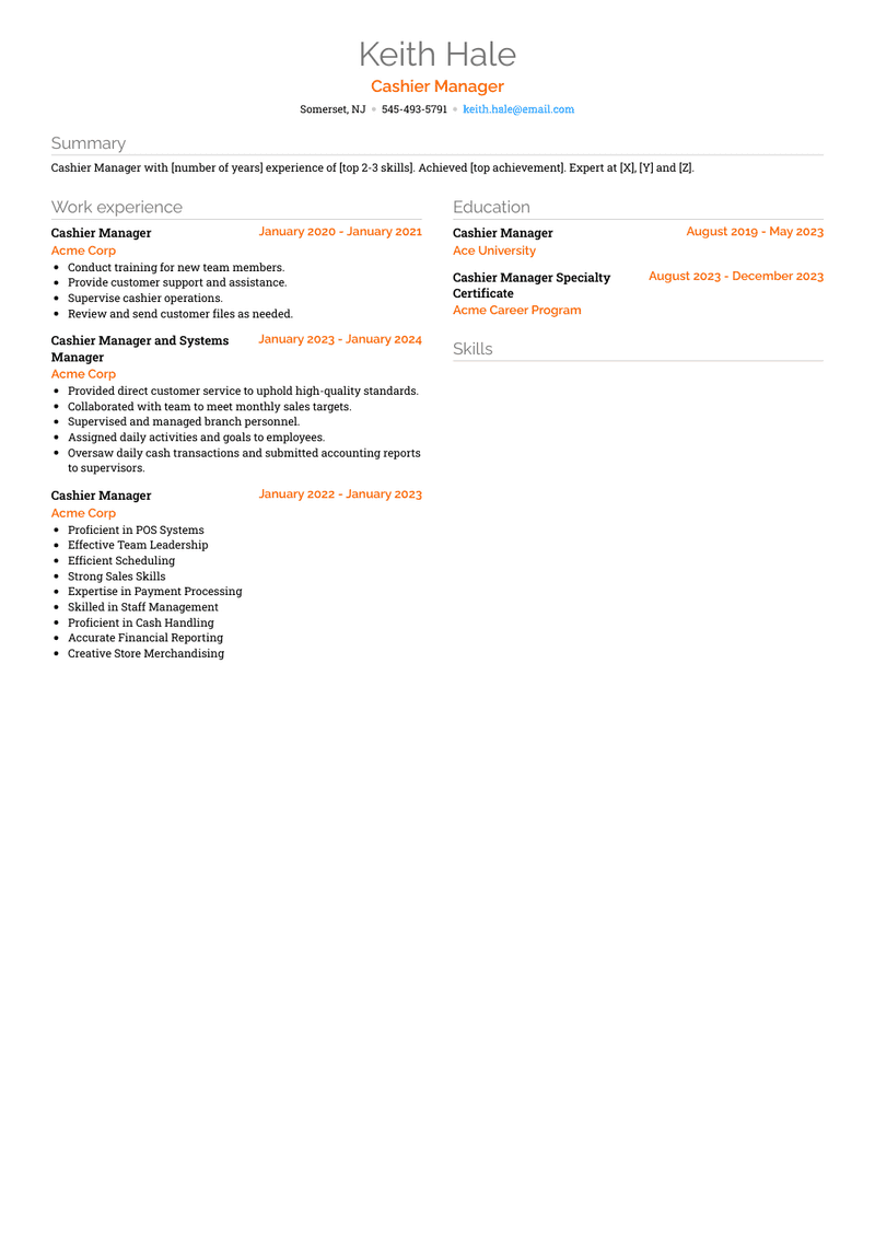 Cashier Manager Resume Sample and Template