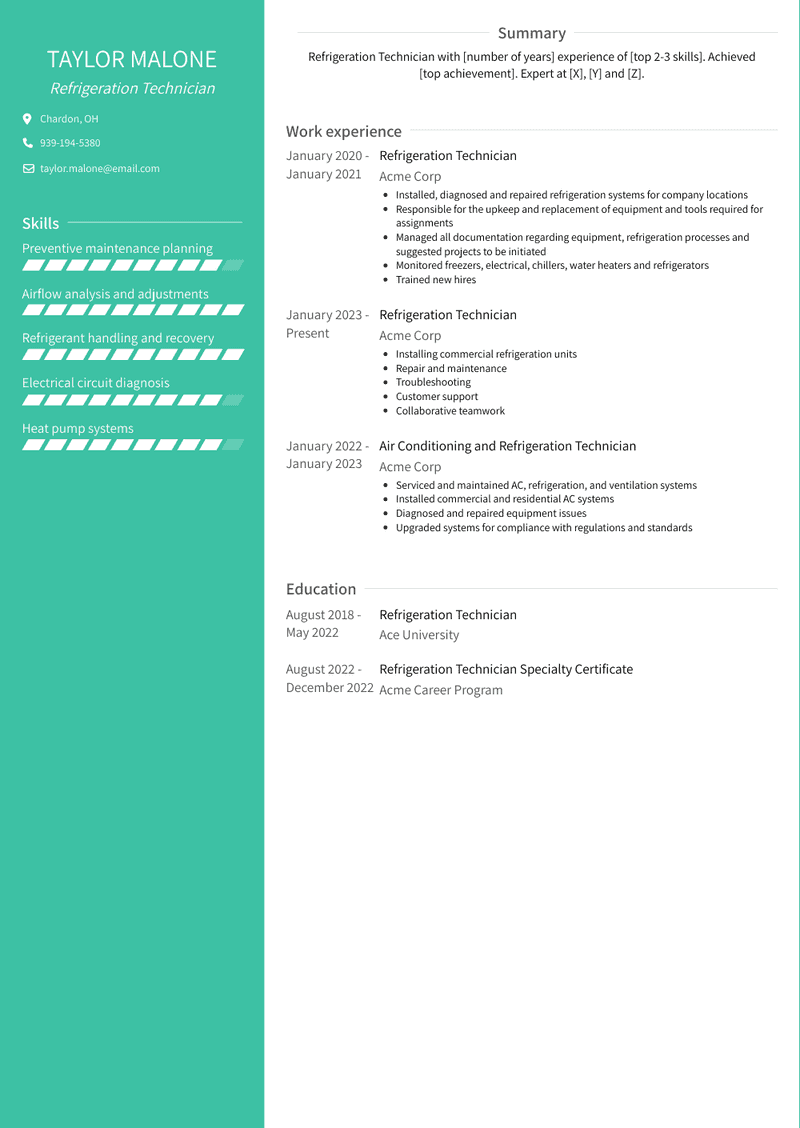 Refrigeration Technician Resume Sample and Template