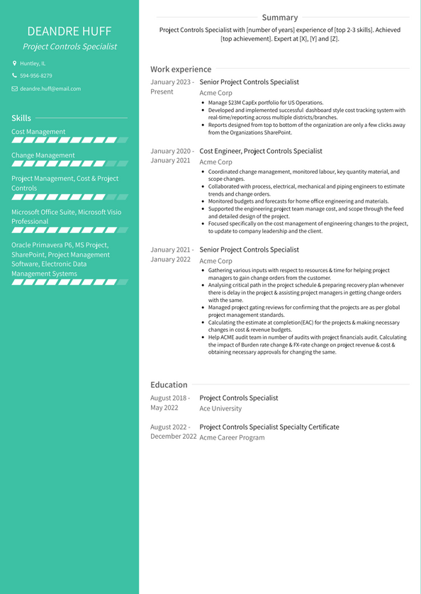 Project Controls Specialist Resume Examples and Templates