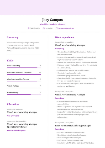 Visual Merchandising Manager Resume Examples and Templates