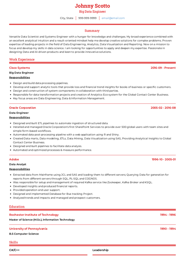 3 Data Engineer Resume Examples | Senior, Entry level Data Engineer Resumes