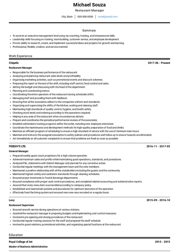 Restaurant Manager Resume Samples [+ 3 Examples] | VisualCV