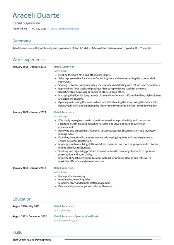 Retail Supervisor Resume Examples and Templates