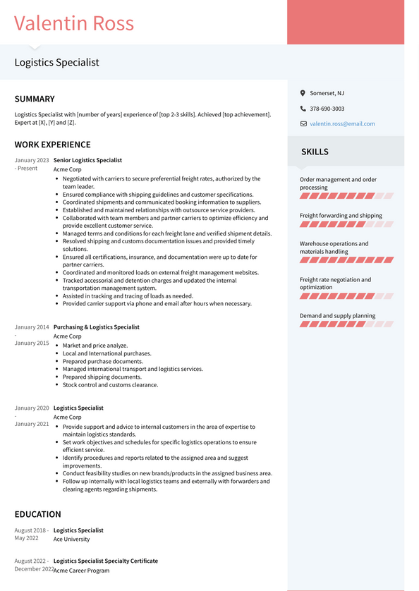 Logistics Specialist Resume Examples and Templates