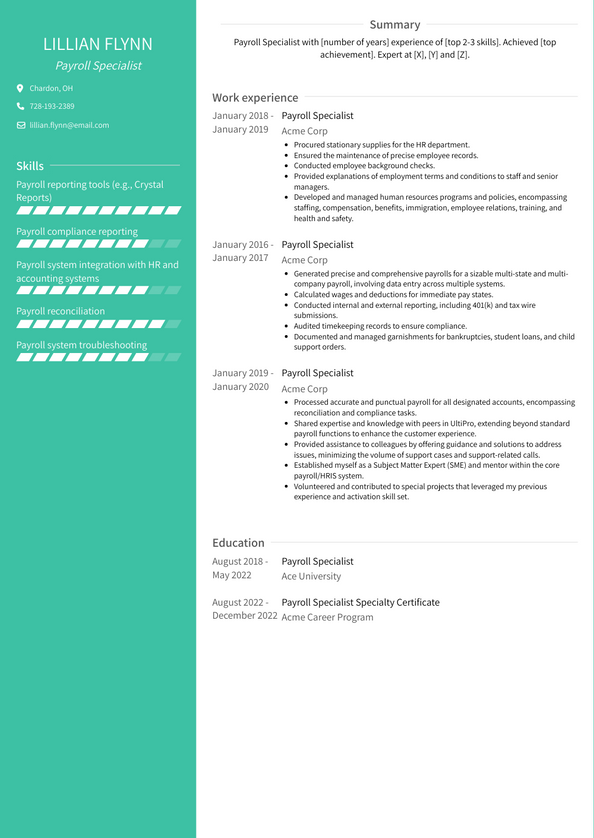 Payroll Specialist Resume Examples And Templates   Payroll Specialist Resume Example Avant 