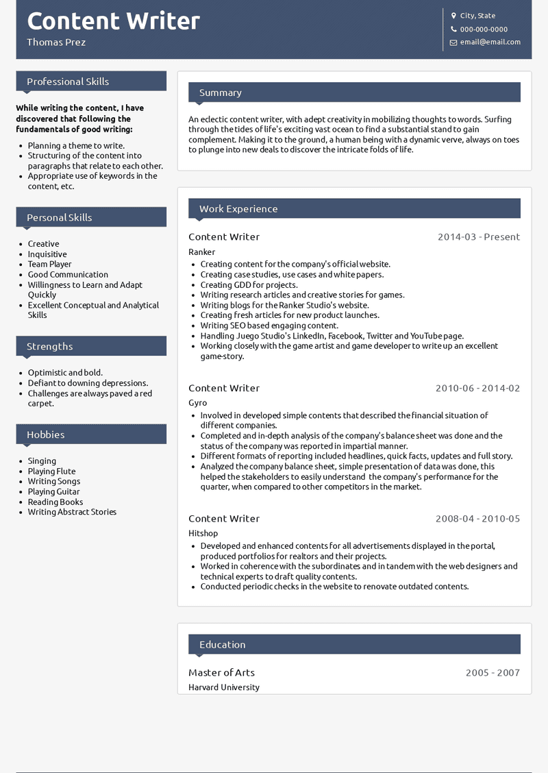 Content Writer Resume Examples 3 Samples VisualCV