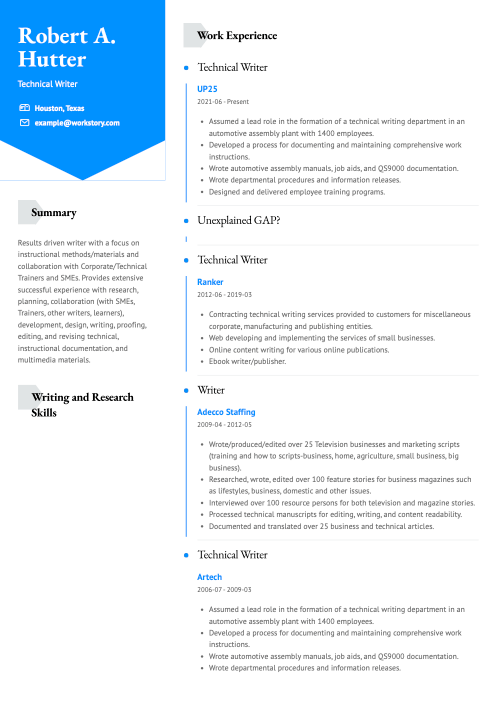 blue color resume template baker