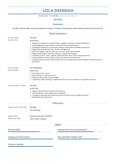 Bus Boy Resume Examples And Templates