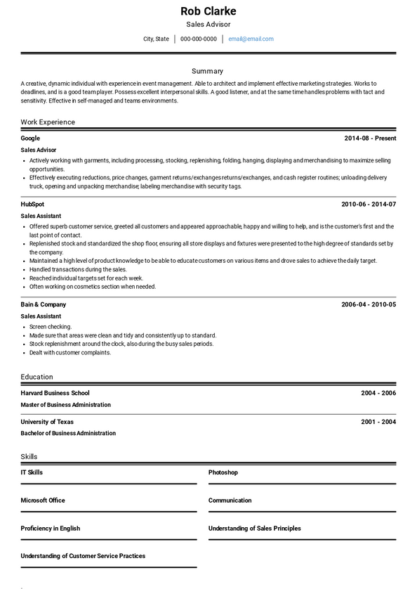 Sales Advisor Resume Samples and Templates | VisualCV