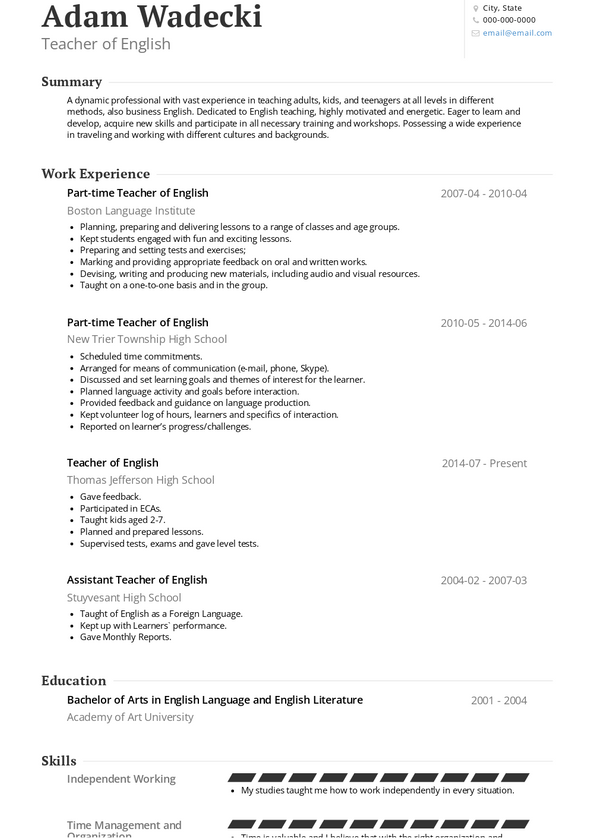 resume for english major