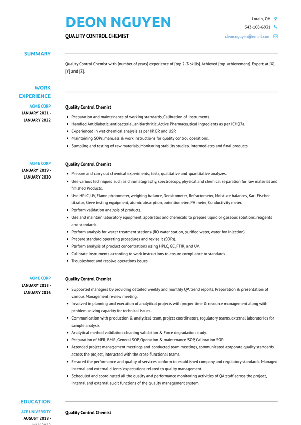 resume format for quality control chemist in pharma