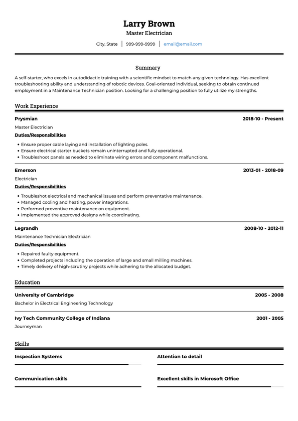 Electrician CV Examples & Templates | VisualCV