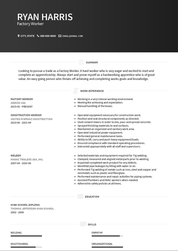 Factory Worker Resume Samples and Templates | VisualCV