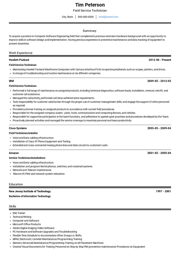 Field Service Technician Resume Samples and Templates | VisualCV