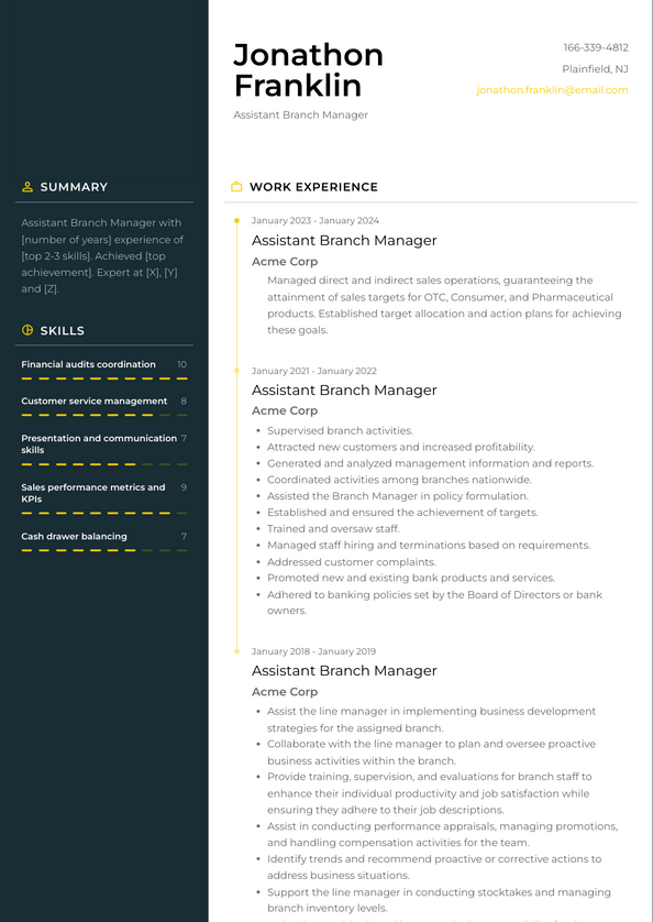 Assistant Branch Manager Resume Examples and Templates